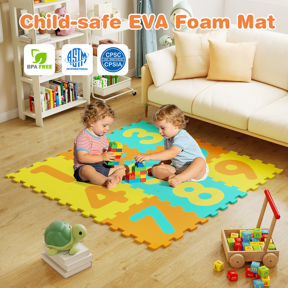 Colorful interlocking foam puzzle mat with numbers, designed for safe play and early math learning for children.