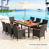 9-piece outdoor dining set featuring a durable acacia wood tabletop and supportive rattan chairs, perfect for poolside.
