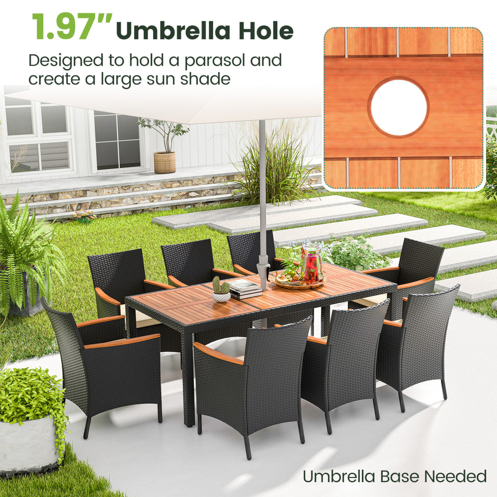 9-piece outdoor dining set featuring an acacia wood tabletop with a 1.97" umbrella hole, perfect for patio gatherings.