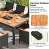 Outdoor dining table featuring a slatted acacia wood top and durable PE rattan, ideal for outdoor use and stability.