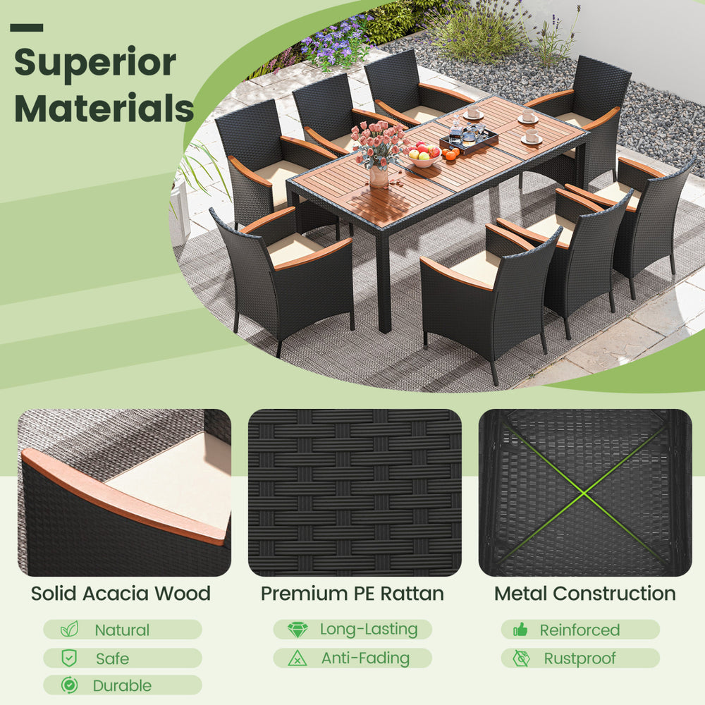 9-piece outdoor dining set featuring a solid acacia wood tabletop and durable PE rattan chairs for stylish outdoor.