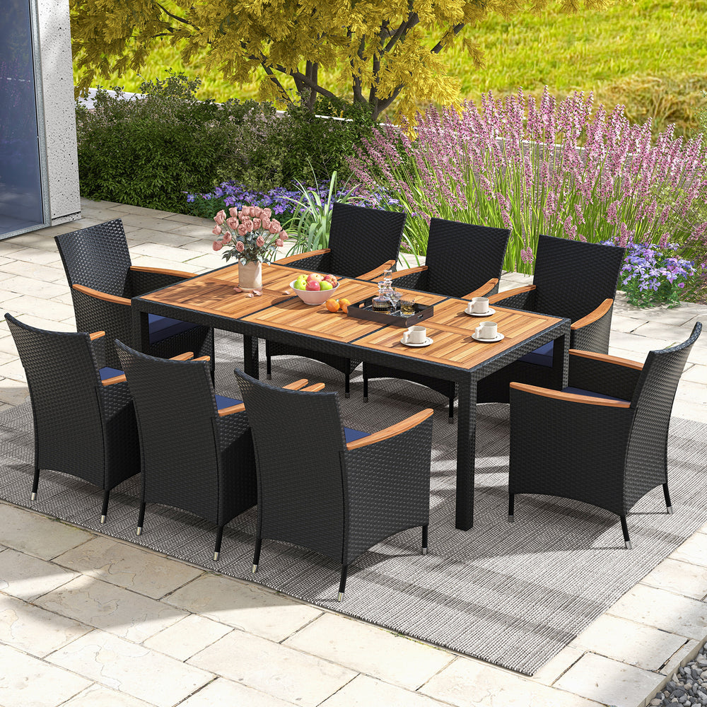 9 Pieces Outdoor Dining Set with Acacia Wood Tabletop for Garden-Navy - Gallery View 1 of 9