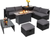 9-piece outdoor PE rattan wicker sectional sofa set with gray cushions and a gas fire pit table for cozy gatherings.