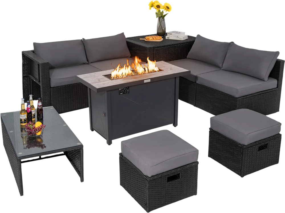 9-piece outdoor PE rattan wicker sectional sofa set with gray cushions and a gas fire pit table for cozy gatherings.
