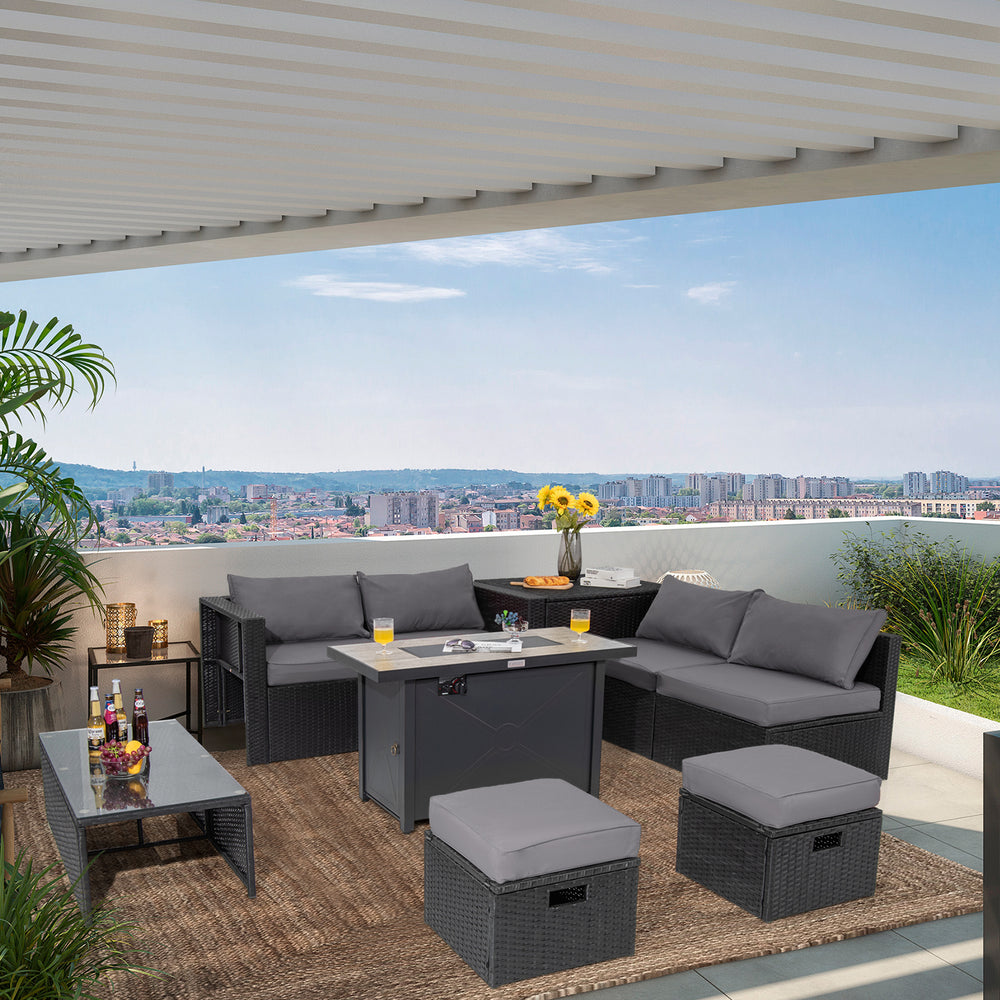9-piece outdoor PE rattan wicker sectional sofa set with gray cushions and a gas fire pit table for patio relaxation.