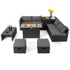 9-piece outdoor PE rattan wicker sectional sofa set with gray cushions and a 42-inch gas fire pit table for cozy.