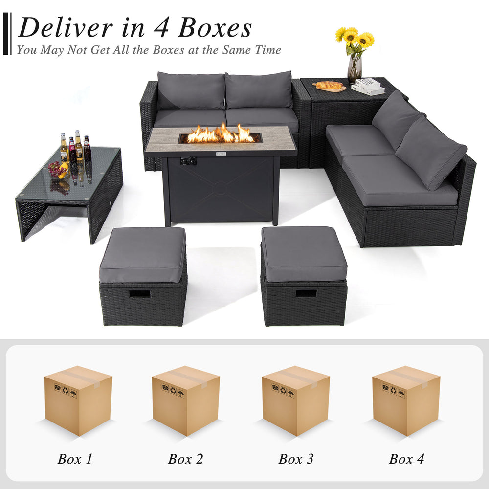 9-piece outdoor PE rattan wicker sectional sofa set with gray cushions and 42-inch gas fire pit table for patio.