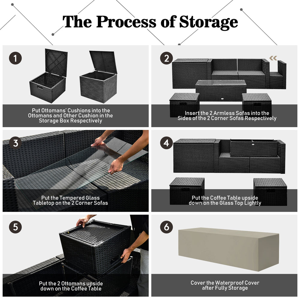 Storage process for the 9-piece outdoor PE rattan sectional sofa and fire pit table, showing ottomans and cushions.
