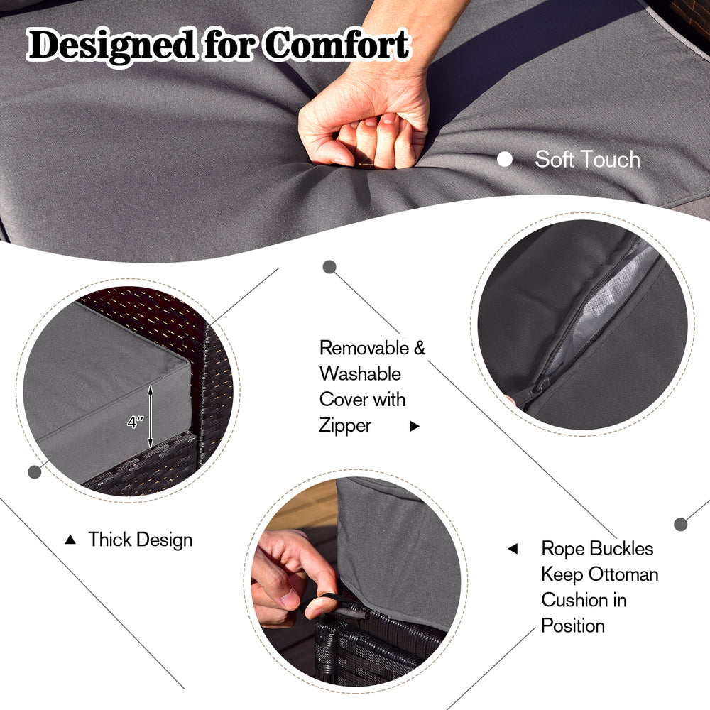 Close-up of soft touch cushion with removable cover and zipper for the 9-piece outdoor PE rattan sectional sofa set.