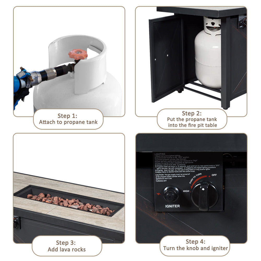 Step-by-step guide for setting up the 60,000 BTU gas fire pit table with propane tank and lava rocks.