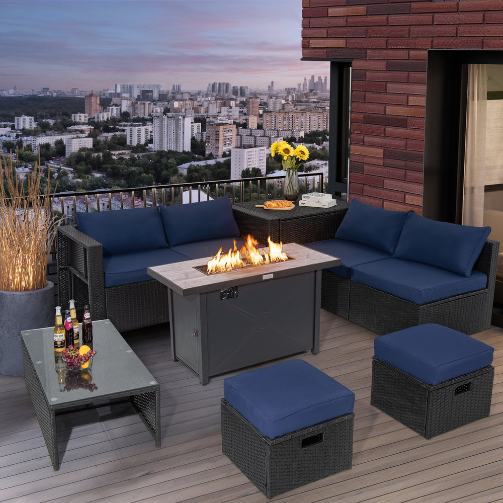 9 Pieces Outdoor PE Rattan Wicker Sectional Sofa with 42 Inch 60,000 BTU Gas Fire Pit Table-Navy - Gallery View 1 of 10