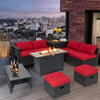 9 Pieces Outdoor PE Rattan Wicker Sectional Sofa with 42 Inch 60,000 BTU Gas Fire Pit Table-Red - Gallery View 1 of 10