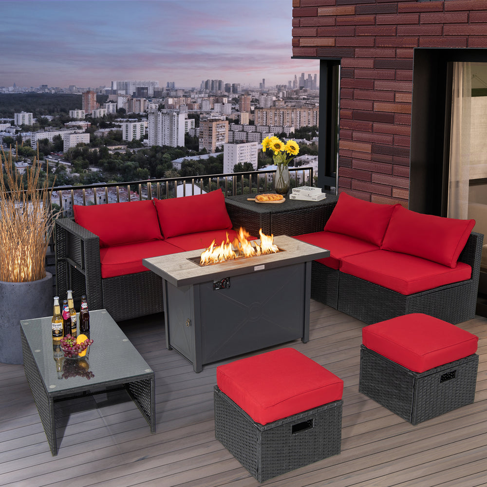 9 Pieces Outdoor PE Rattan Wicker Sectional Sofa with 42 Inch 60,000 BTU Gas Fire Pit Table-Red - Gallery View 1 of 10
