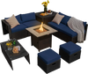 9-piece outdoor PE rattan wicker sectional sofa set with navy cushions and 42-inch gas fire pit table for cozy.