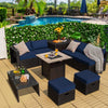 9-piece outdoor PE rattan wicker sectional sofa set with navy cushions and gas fire pit table for patio relaxation.