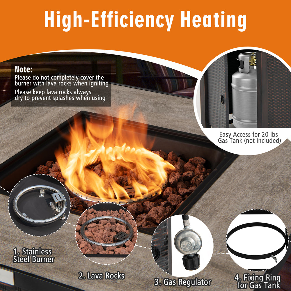 High-efficiency gas fire pit with stainless steel burner and lava rocks, designed for outdoor sectional sofa set.
