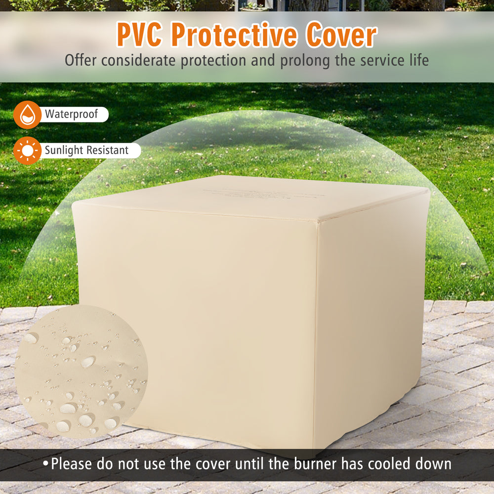 Waterproof PVC protective cover for 9-piece outdoor PE rattan wicker sectional sofa and fire pit table.