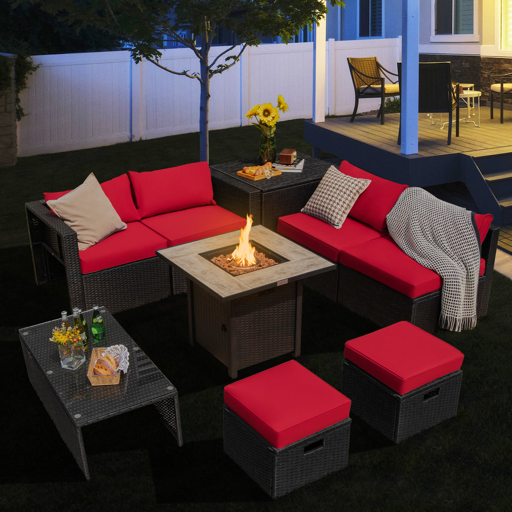 9 Pieces Outdoor PE Rattan Wicker Sectional Sofa with 42 Inch Gas Fire Pit Table-Red - Gallery View 1 of 10