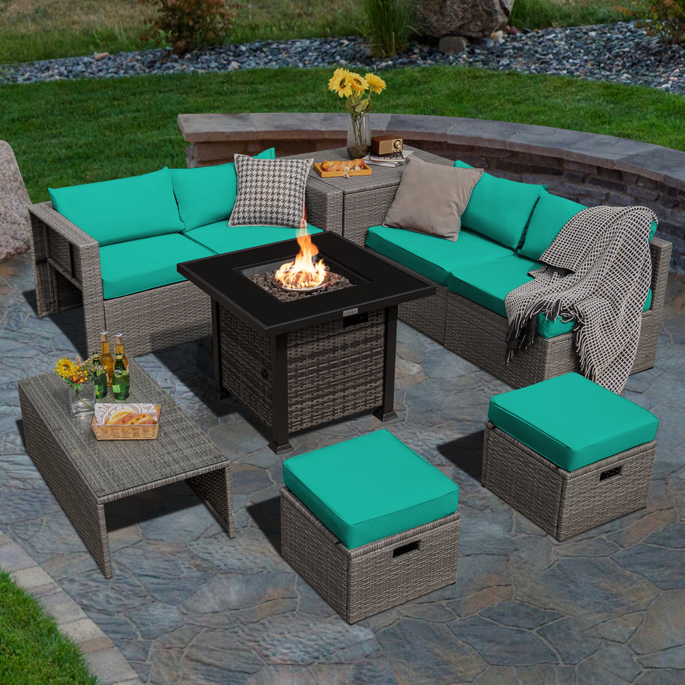 9 Pieces Outdoor Patio Furniture Set with 32-Inch Propane Fire Pit Table-Turquoise - Gallery View 1 of 9