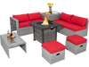 9-piece outdoor patio furniture set featuring a propane fire pit table, red cushions, and a stylish gray rattan design.