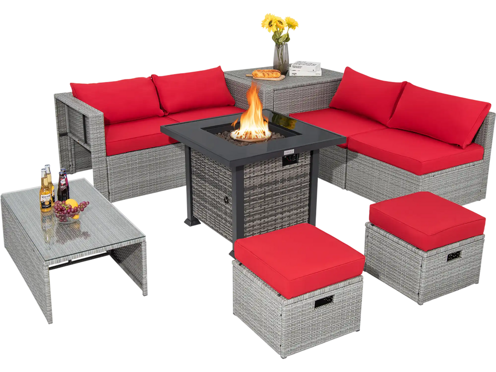 9-piece outdoor patio furniture set featuring a propane fire pit table, red cushions, and a stylish gray rattan design.