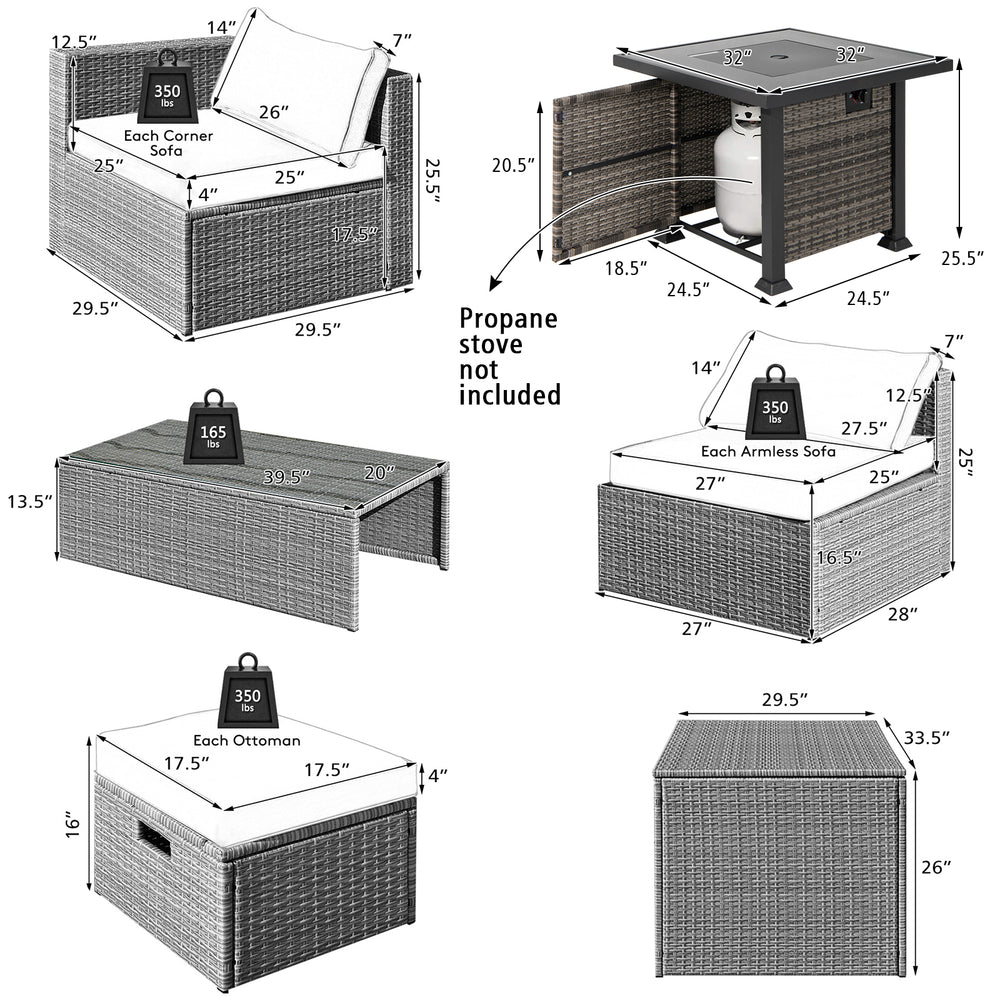 Detailed dimensions of the 9-piece outdoor patio furniture set with a propane fire pit table and storage options.