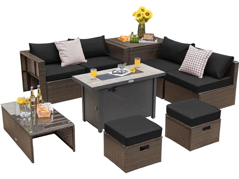 9-piece outdoor patio furniture set featuring a black sofa, ceramic fire pit table, and storage ottomans for versatile.