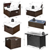 Detailed dimensions of the 9-piece outdoor patio furniture set with a propane fire pit table in black.
