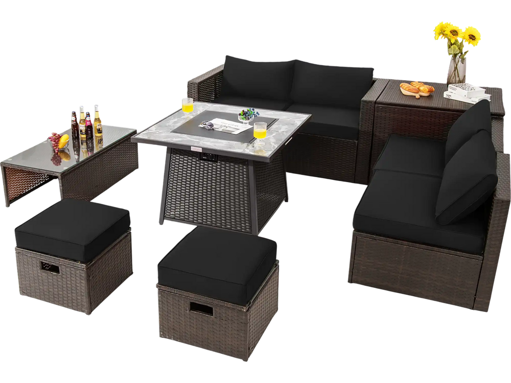Black cushion-covered ottoman with storage space, part of the 9-piece patio PE wicker sectional set for outdoor.