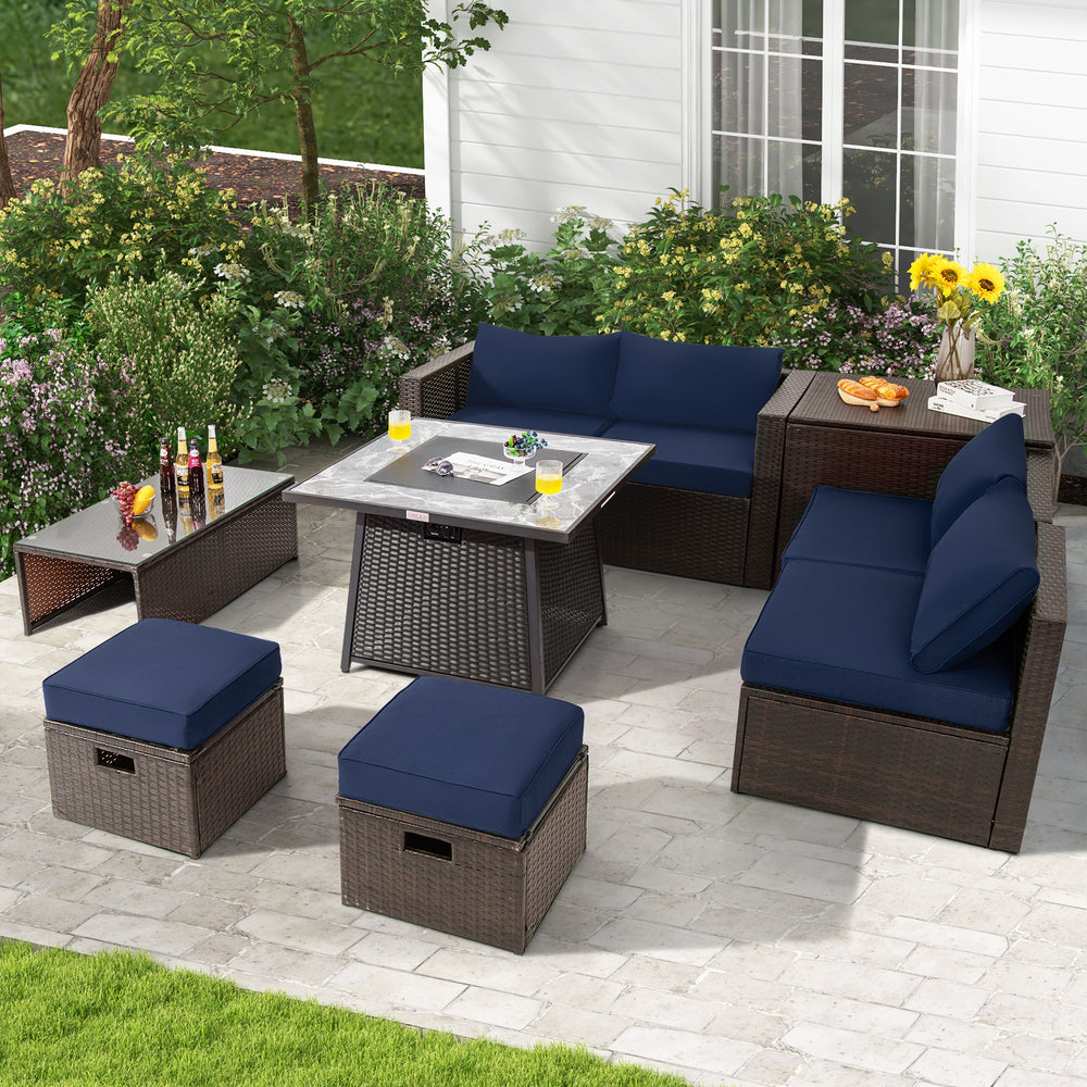 9 Pieces Patio PE Wicker Sectional Set with 50000 BTU Fire Pit Table-Navy - Gallery View 1 of 10