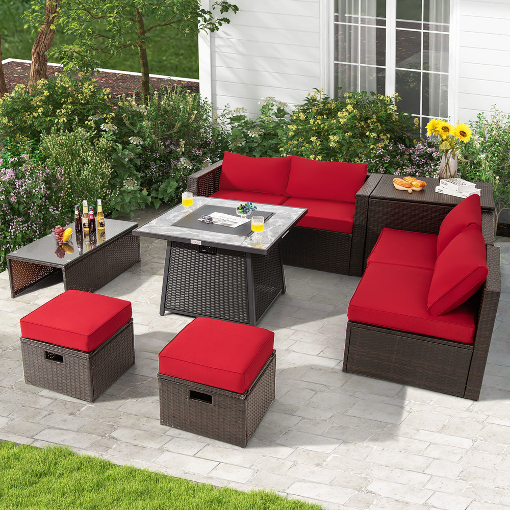 9 Pieces Patio PE Wicker Sectional Set with 50000 BTU Fire Pit Table-Red - Gallery View 1 of 10