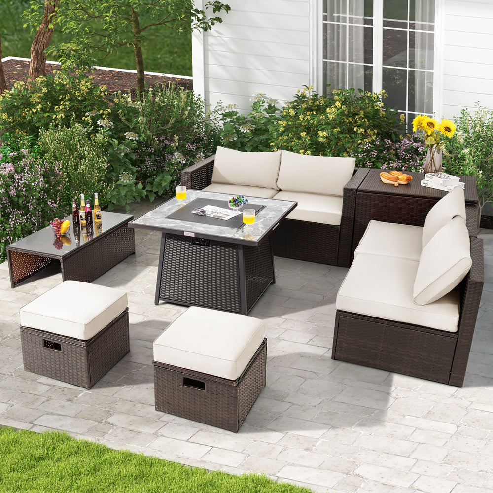 9 Pieces Patio PE Wicker Sectional Set with 50000 BTU Fire Pit Table-Off White - Gallery View 1 of 10