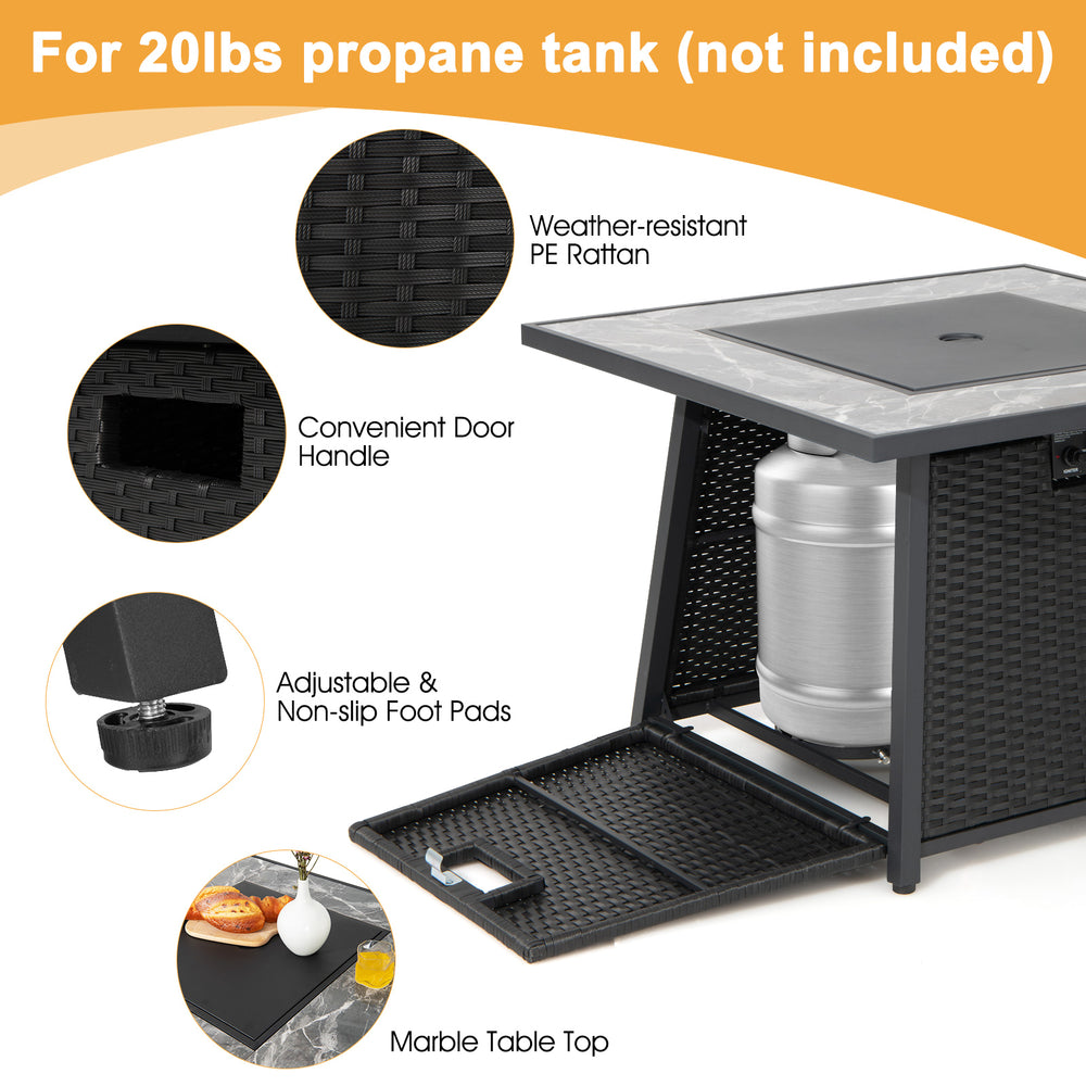 Fire pit table with marble top and storage for 20lbs propane tank, featuring weather-resistant PE rattan for outdoor.