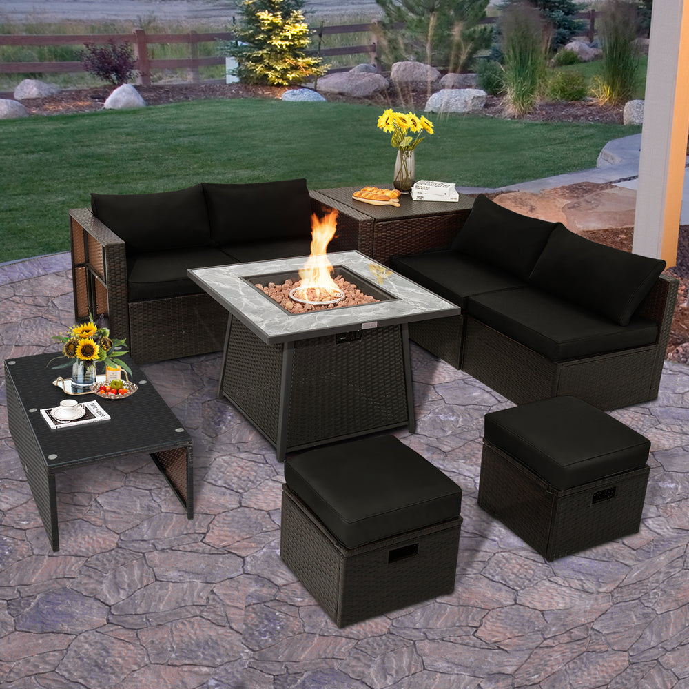 9-piece patio PE wicker sectional set with black cushions and a fire pit table, perfect for outdoor relaxation.
