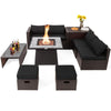 9-piece patio PE wicker sectional set with black cushions and a 50,000 BTU fire pit table for outdoor gatherings.