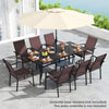 9-piece patio dining set featuring a rectangular table and stackable brown chairs, perfect for outdoor gatherings.
