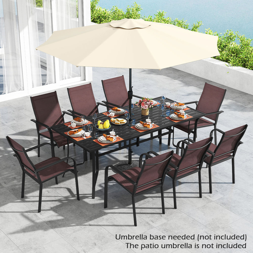 9-piece patio dining set featuring a rectangular table and stackable brown chairs, perfect for outdoor gatherings.