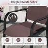 Close-up of breathable mesh fabric on a stackable chair from a 9-piece brown patio dining set for outdoor use.