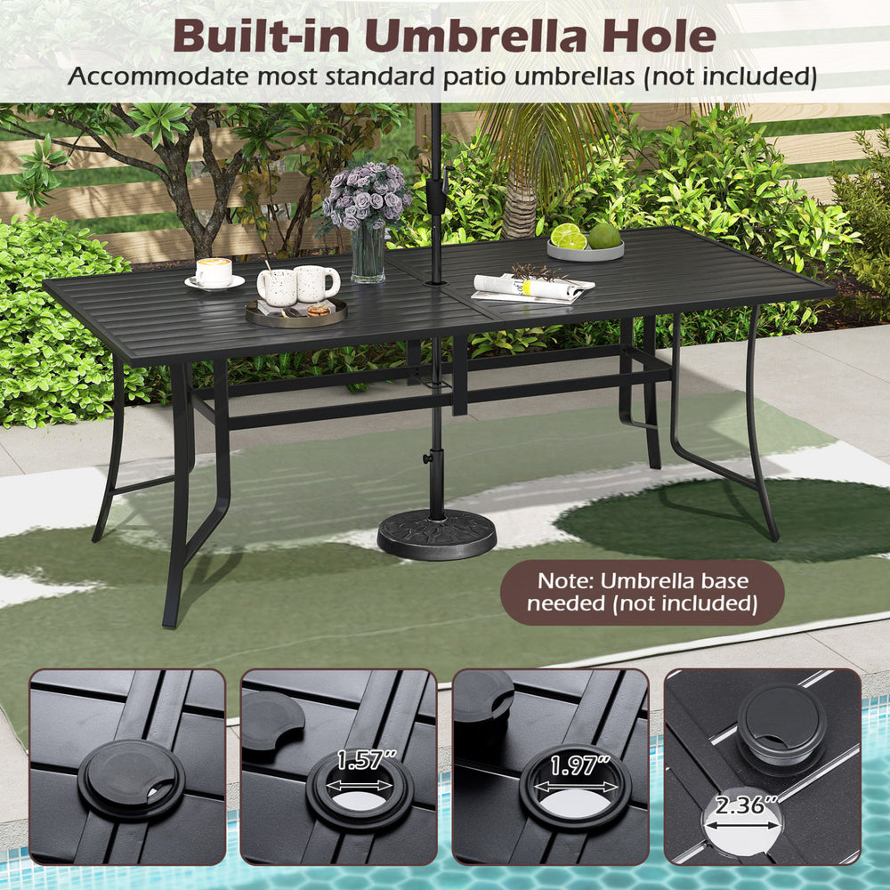 Rectangular patio dining table with built-in umbrella hole, designed for 9-piece outdoor set, perfect for backyard.