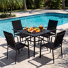 5-piece black patio dining set featuring a square table and stackable chairs, perfect for outdoor meals by the pool.