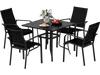 5-piece black patio dining set featuring a square table and stackable chairs, perfect for outdoor dining and relaxation.