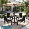 Patio dining set featuring a square table and four stackable black chairs, ideal for outdoor meals and gatherings.