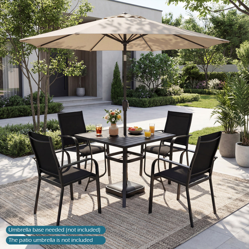 Patio dining set featuring a square table and four stackable black chairs, ideal for outdoor meals and gatherings.