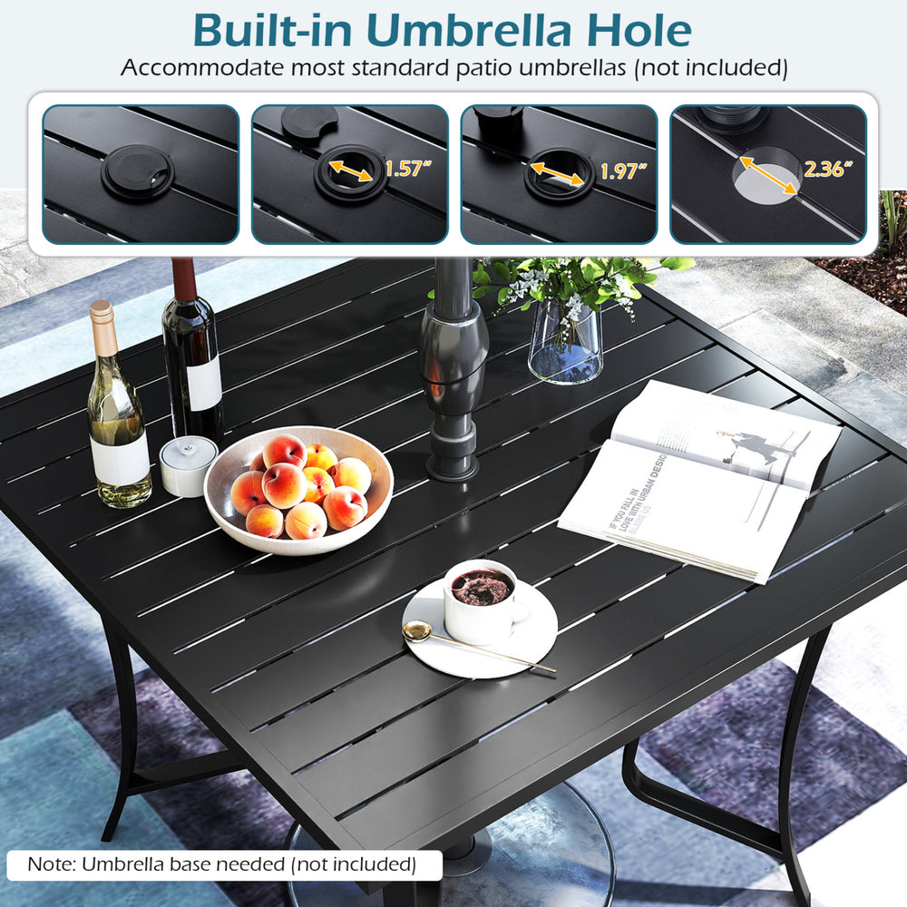 Square patio dining table featuring a built-in umbrella hole, designed for outdoor use with stackable chairs.