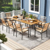 Rectangular patio dining set with 8 acacia wood chairs, umbrella hole, and soft padded cushions for outdoor gatherings.