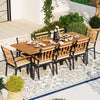 Rectangular patio dining set with 8 acacia wood chairs, padded cushions, and umbrella hole, perfect for outdoor.
