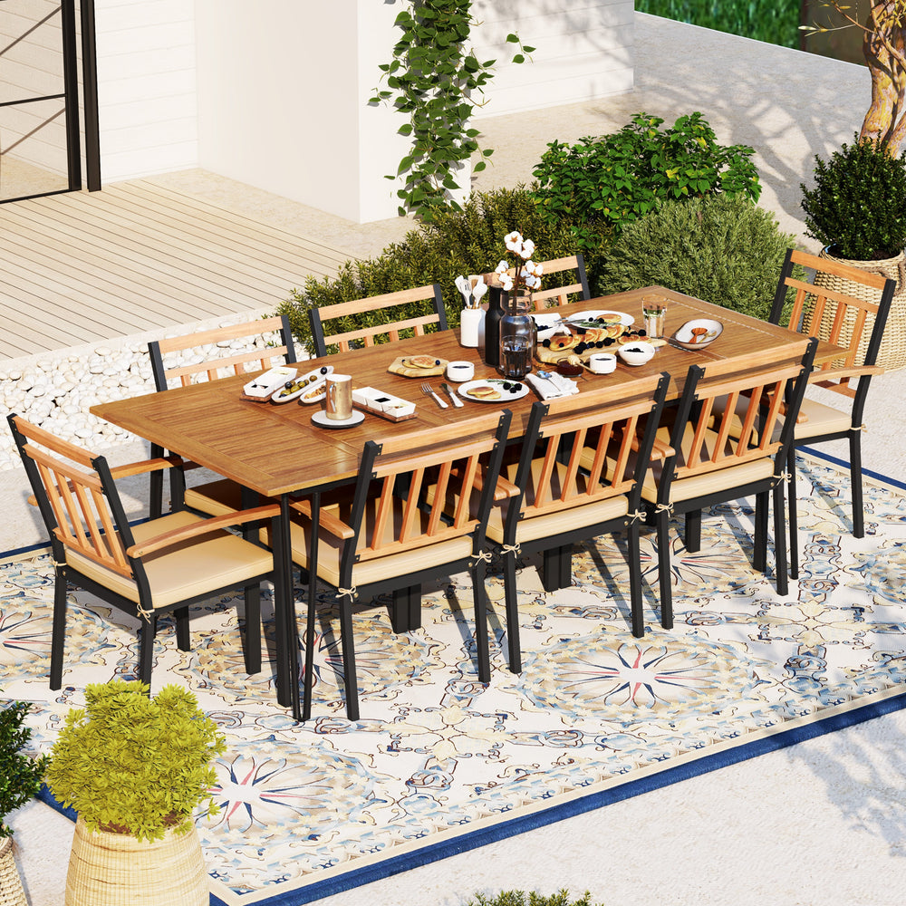 Rectangular patio dining set with 8 acacia wood chairs, padded cushions, and umbrella hole, perfect for outdoor.