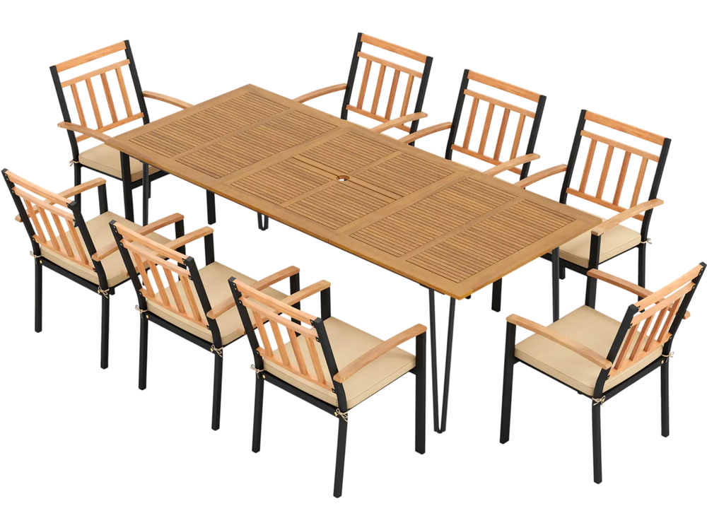 9 Pieces Patio Dining Outdoor Furniture Set with 8 Chairs and Umbrella Hole