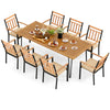 Rectangular acacia wood patio dining set with 8 chairs, umbrella hole, and soft padded cushions for outdoor gatherings.
