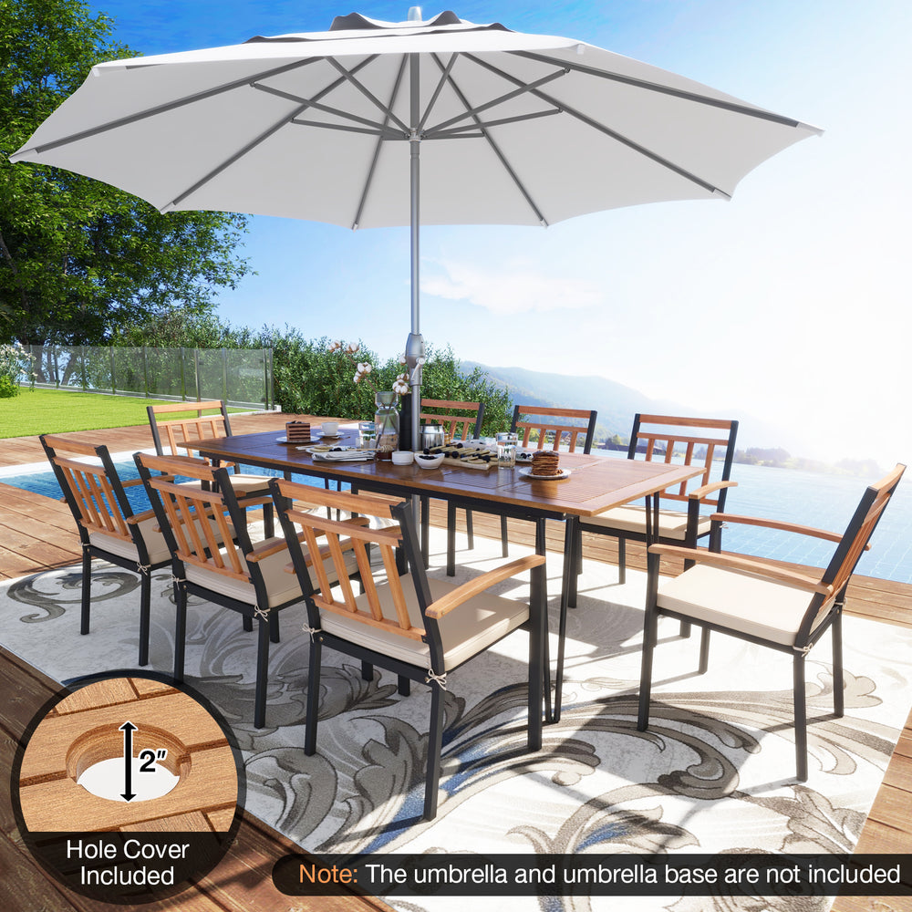 Rectangular patio dining set with 8 acacia wood chairs, featuring a 2-inch umbrella hole for outdoor gatherings.